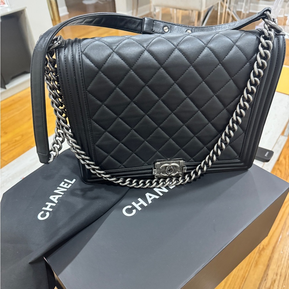 Large Chanel Black Quilted Shoulder Bag with Chain Strap